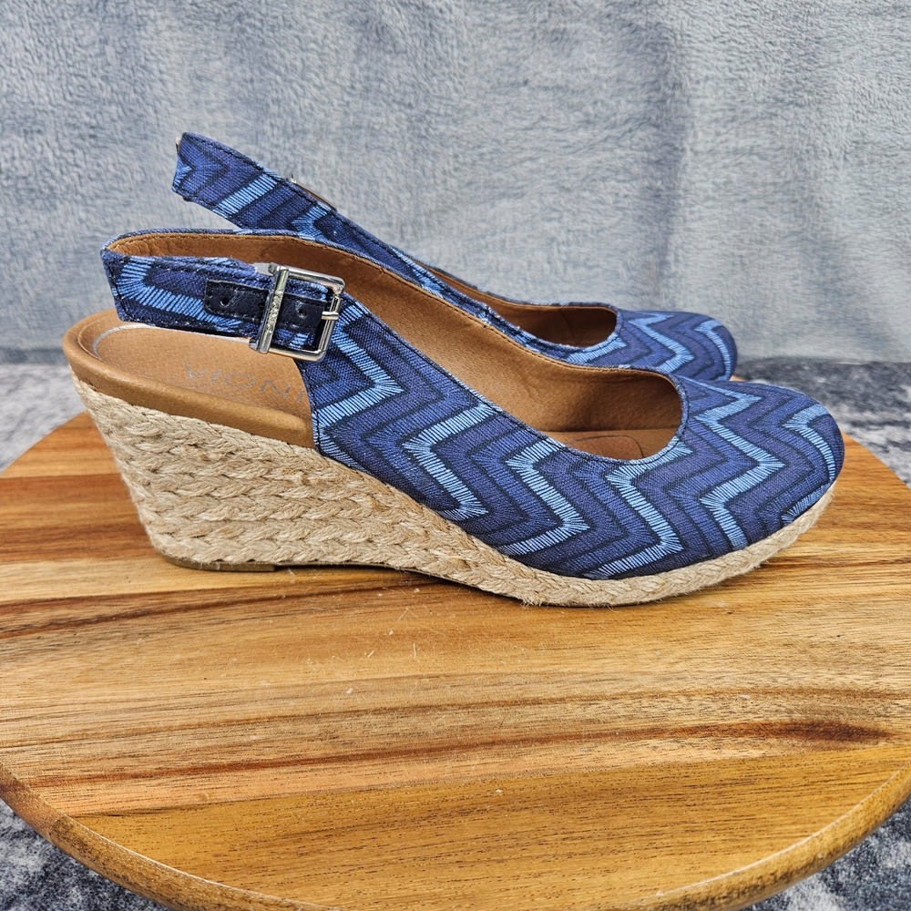 Vionic Coralina Espadrille Blue Chevron Print Slingback Wedge Sandals Womens 7.5